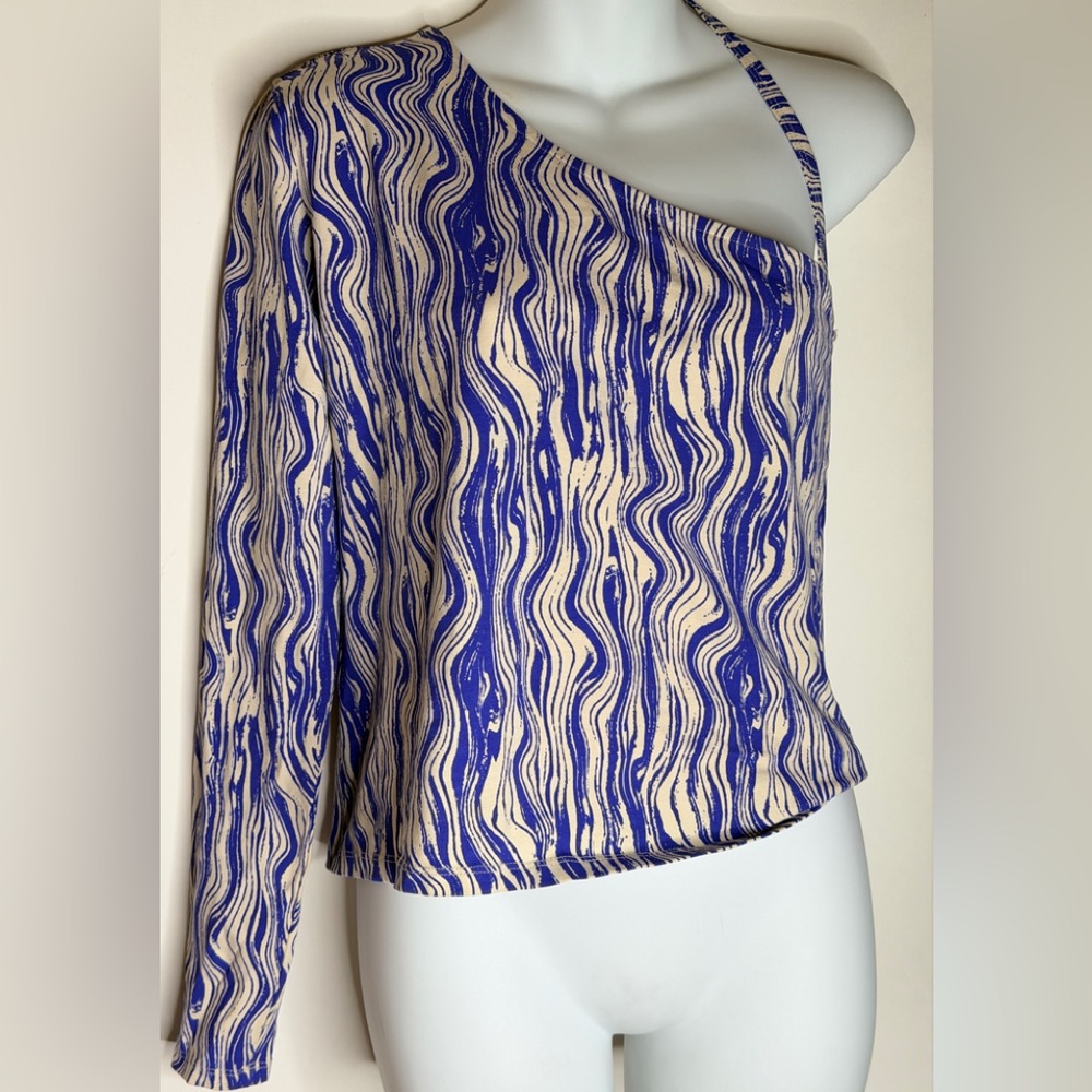 Monki Blue Abstract One Shoulder Cutout Long Sleeve Top Size L